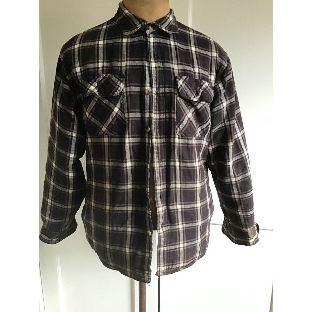 Wrangler Flannel Shacket Men Med Brown Plaid Quilted Lined Insulated Shacket